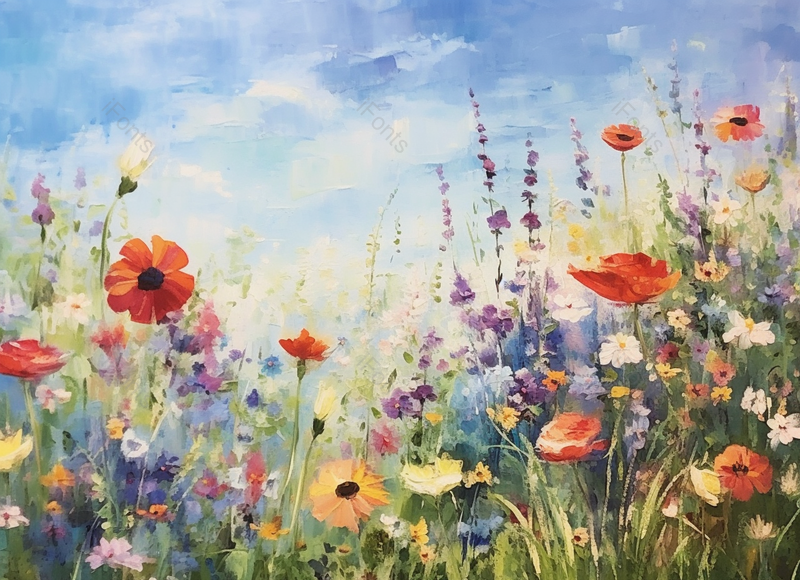 春天夏天草地上的野花花簇花海花朵茁壮生长盛开着手绘油画插画,插画/手绘图,插画/手绘图库,插画/手绘图下载,插画/手绘